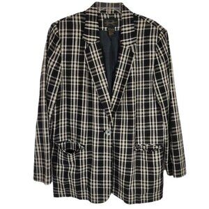 VTG 80s Requirements Linen Black Ivory Plaid Blazer Jacket Sz 14 Dark Academia